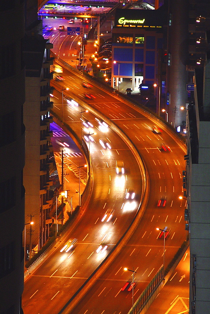 Cars on a highway at night, Shanghai, China, Asia