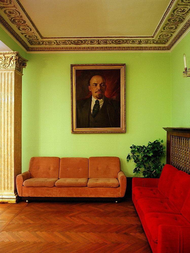 Painting of Lenin in the lobby of Hotel Sovietsky, Moscow, Russia