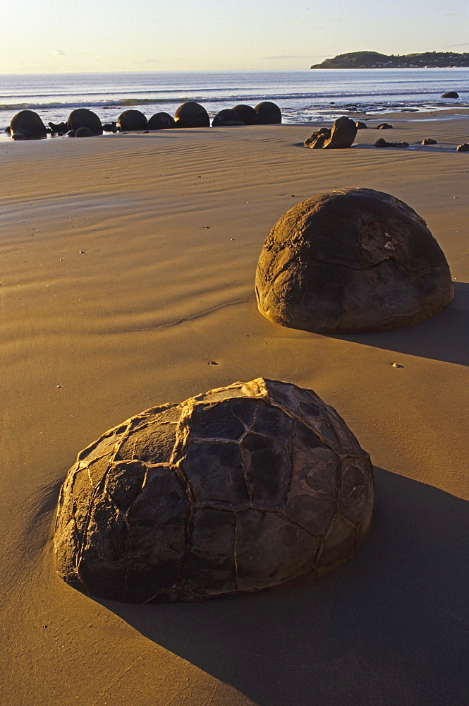 Moeraki boulders on the beach in the sunlight, South Island, New Zealand, Oceania