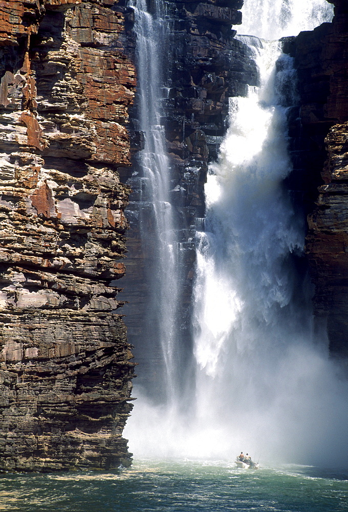 People driving a boat to the King George Falls, Kimberley, Western Australia, Australia