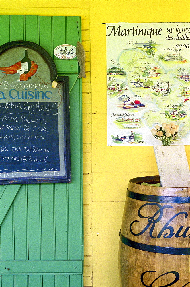 Blackboard and rum barrel in front of a restaurant, Point de Vue, Martinique, Caribbean, America