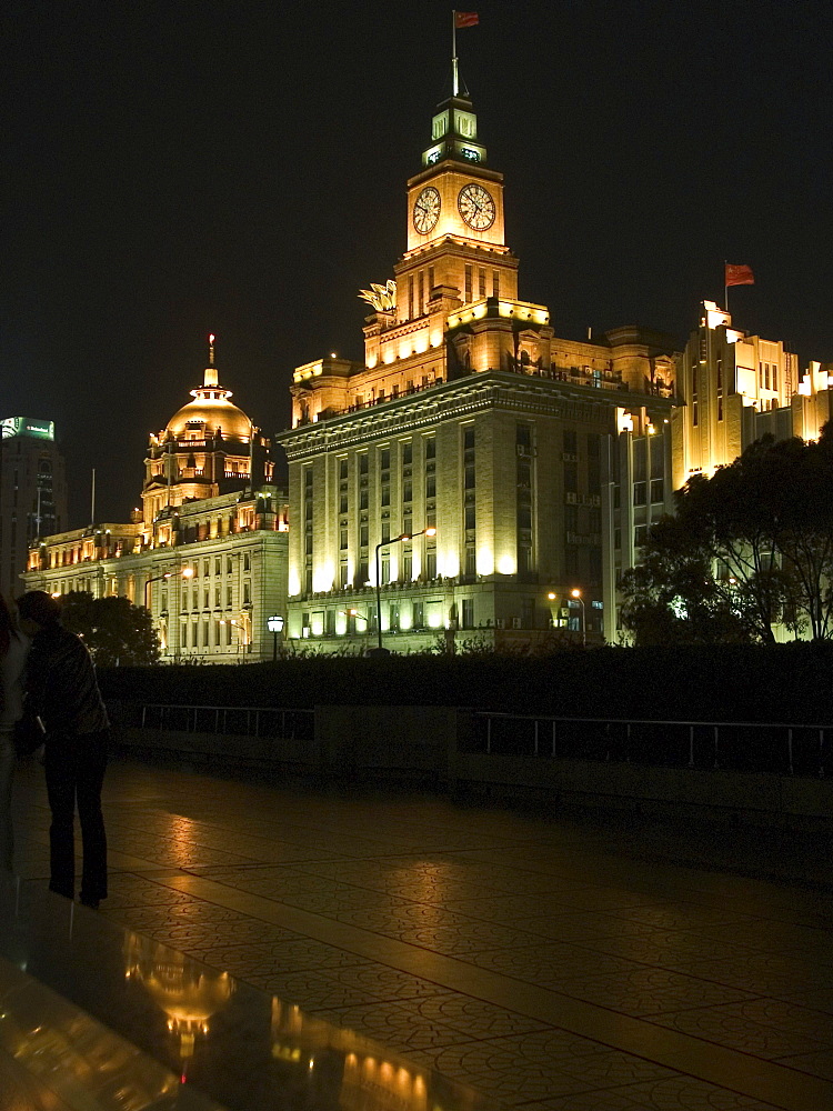 Monumental buildings at night, Huangpu, Shanghai, China, Asia