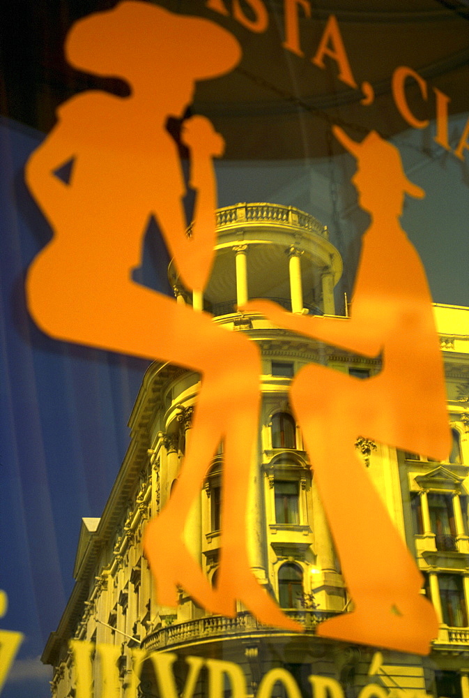 Reflecion of Bristol Hotel in window of restaurant, Warsaw, Poland