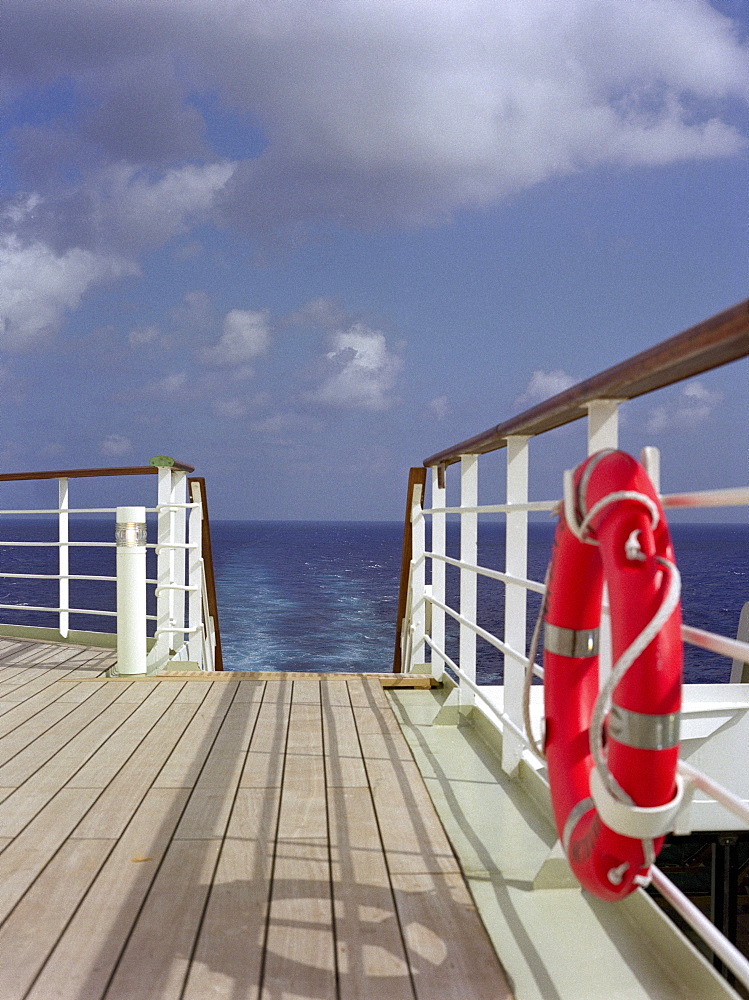 Observation deck with life ring and railing, Cruise Ship Queen May II, Luxury Ocean Liner, QM2, Cruise, Travel