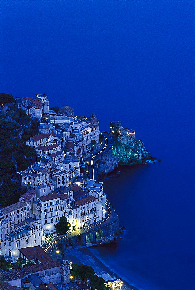 Town on the waterfront in the evening, Amalfi, Amalfitana, Campania, Italy, Europe