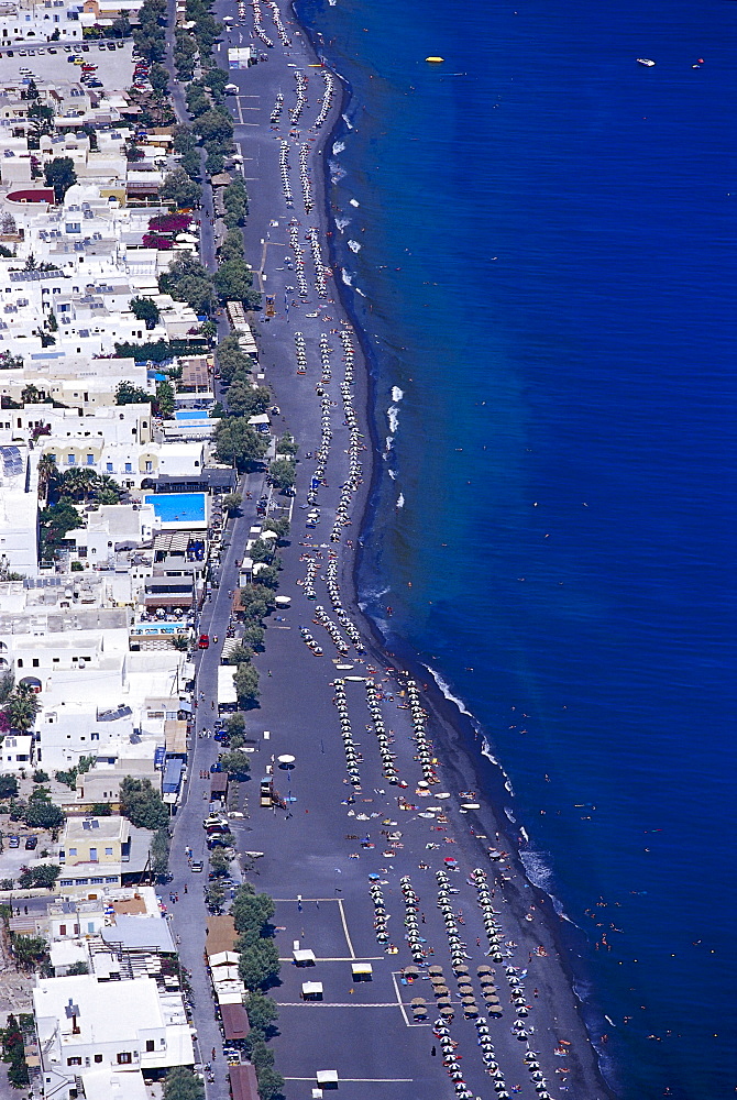 High angle view at Kamari Beach, Santorin, Cyclades, Greece, Europe