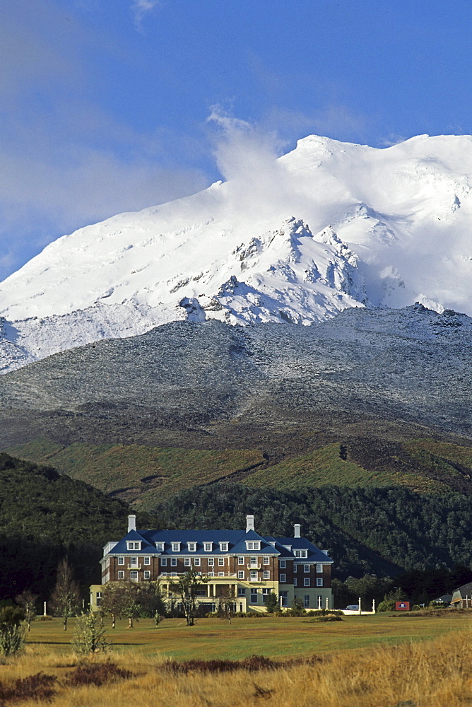 View of The Chateau hotel beneath Mount Ruapehu, Tongariro National Park, North Island, New Zealand, Oceania