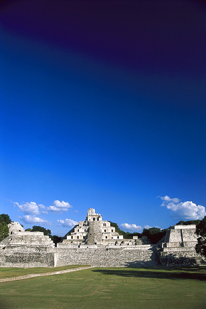 Ruins of a Maya temple under blue sky, Edzna, Yucatan, Campeche, Mexico, America