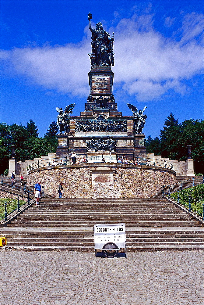 People in front of Niederwald monument in the sunlight, Ruedesheim, Rheingau, Hesse, Germany, Europe