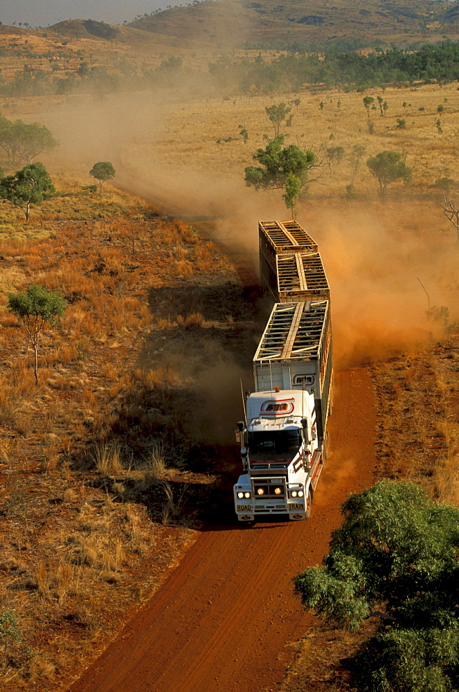 aerial view of cattle truck on dirt road, Kimberley, Australia