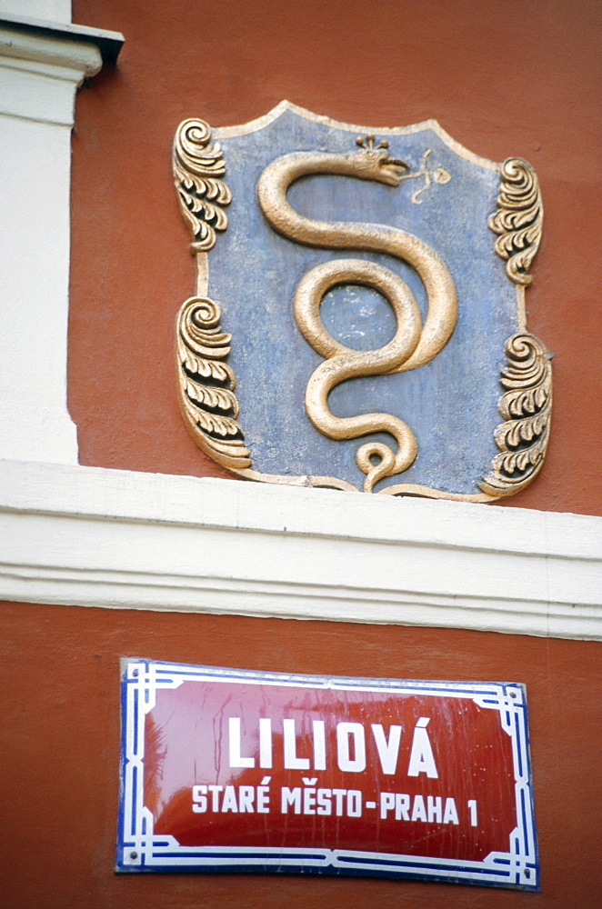 Shiny street sign, Prague, Czech Republic