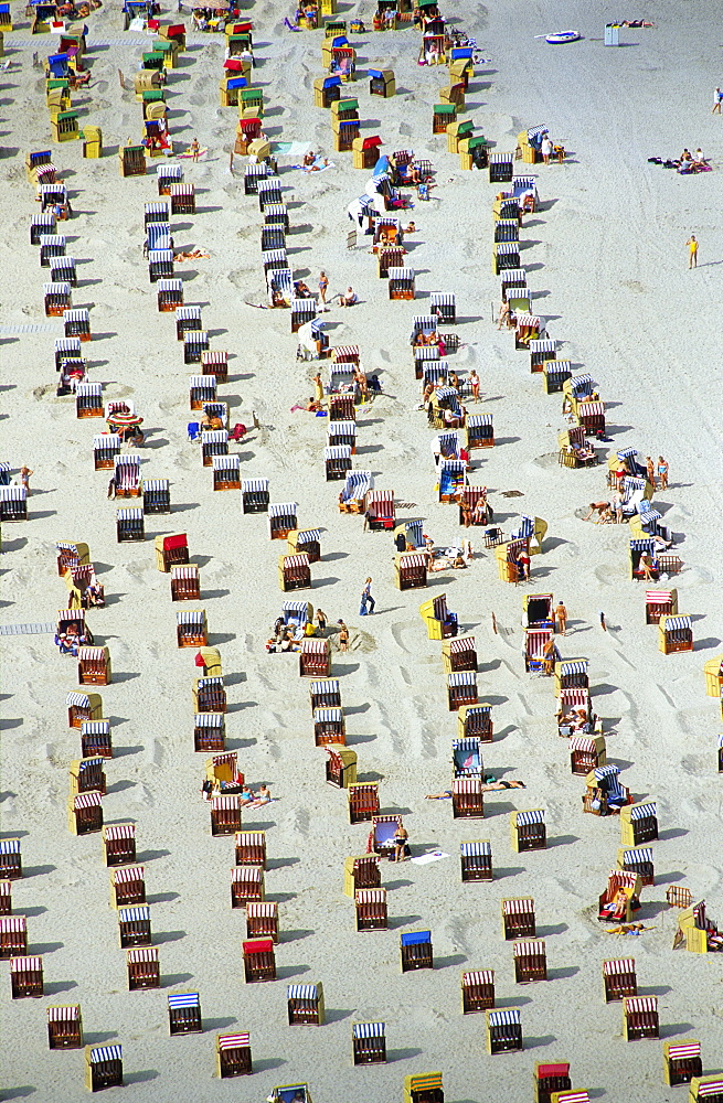 High angle view at beach with beach chairs, Travemuende, Schleswig Holstein, Germany, Europe