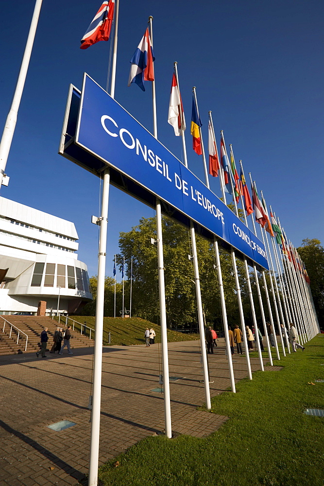 Flags in front of the Palace of Europe, Flags in front of the Palais de l'Europe Palace of Europe domicile of the Council of Europe, Strasbourg, Alsace, France