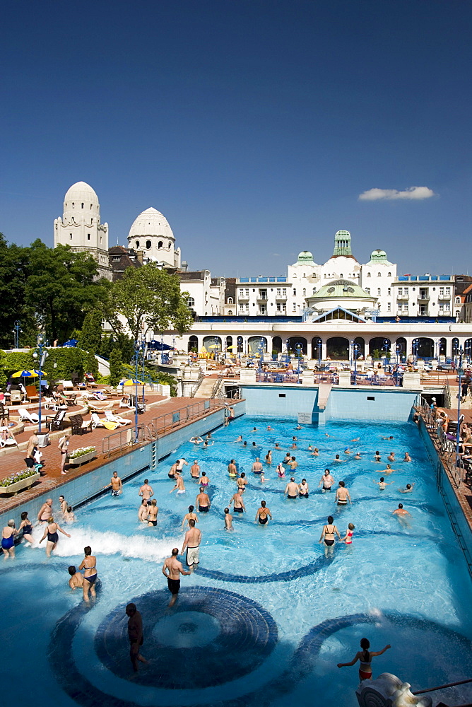 Open-air area of the Gellert Baths, People in the open-air area of the Gellert Baths, Buda, Budapest, Hungary