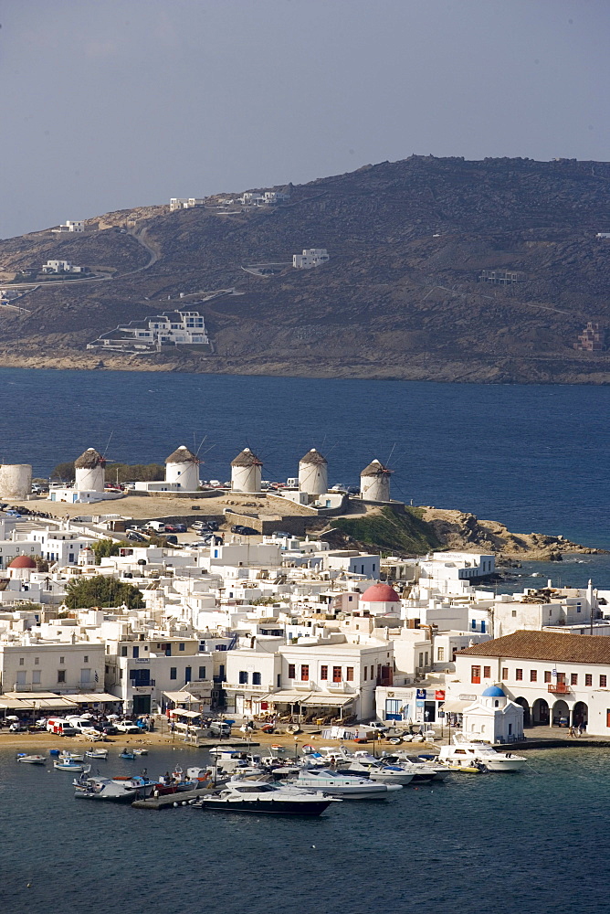 Aerial view of the harbour with windmills and ships, Mykonos-Town, Mykonos, Greece