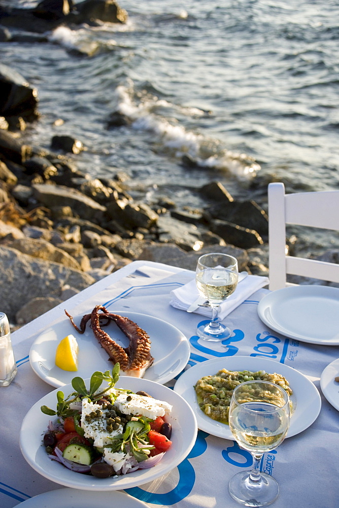 Different greek starters, including salat, served in the Sea Satin Market Restaurant, Mykonos-Town, Mykonos, Greece