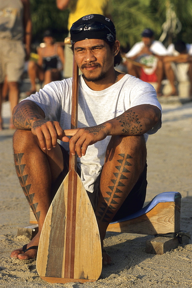 Tahitian Man with Canoe Paddle, Tahiti, French Polynesia