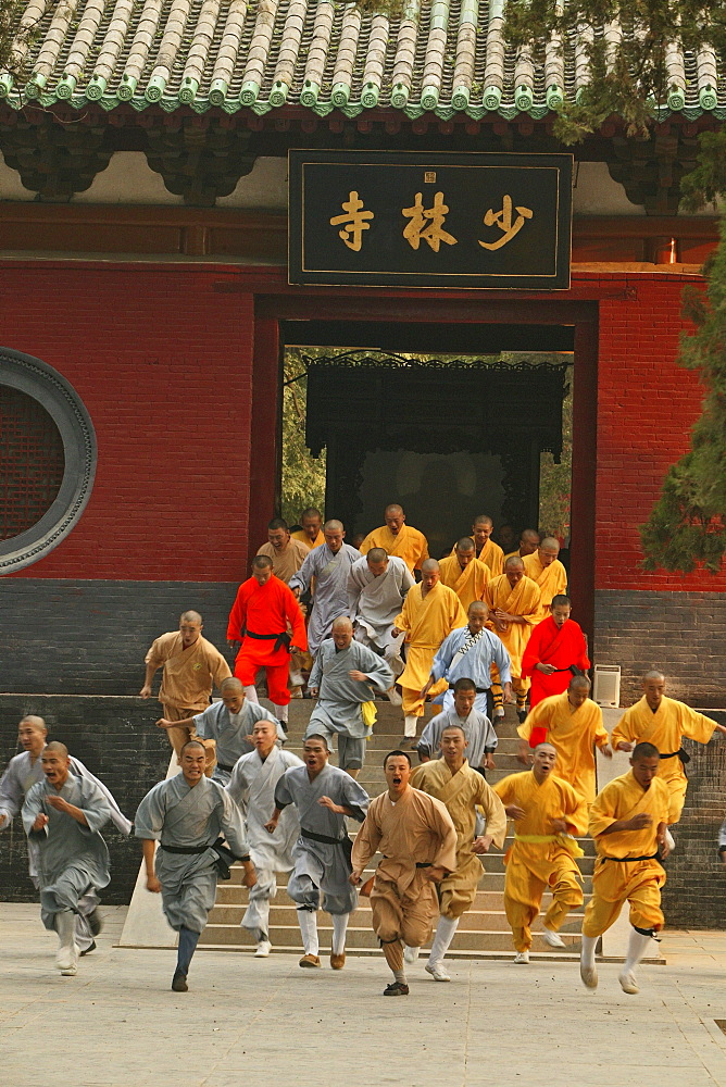 Shaolin Buddhist monks rehearse for a performance on Buddhas birthday, Shaolin Monastery, known for Shaolin boxing, Taoist Buddhist mountain, Song Shan, Henan province, China, Asia