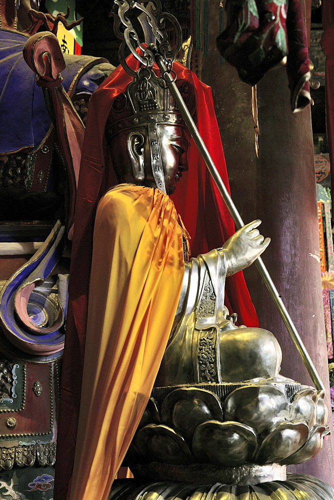 Manjushri, Manjusri, Chinese Wenshu, symbolic animal decoration, Xian Tong Temple, Monastery, Wutai Shan, Five Terrace Mountain, Buddhist Centre, town of Taihuai, Shanxi province, China, Asia