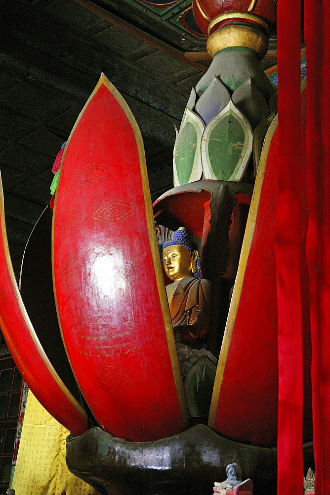 Buddha appearing in a lotus blossom, Buddha in a mechanically opening wooden lotus flower, Luohou Temple, Mount Wutai, Wutai Shan, Five Terrace Mountain, Buddhist Centre, town of Taihuai, Shanxi province, China