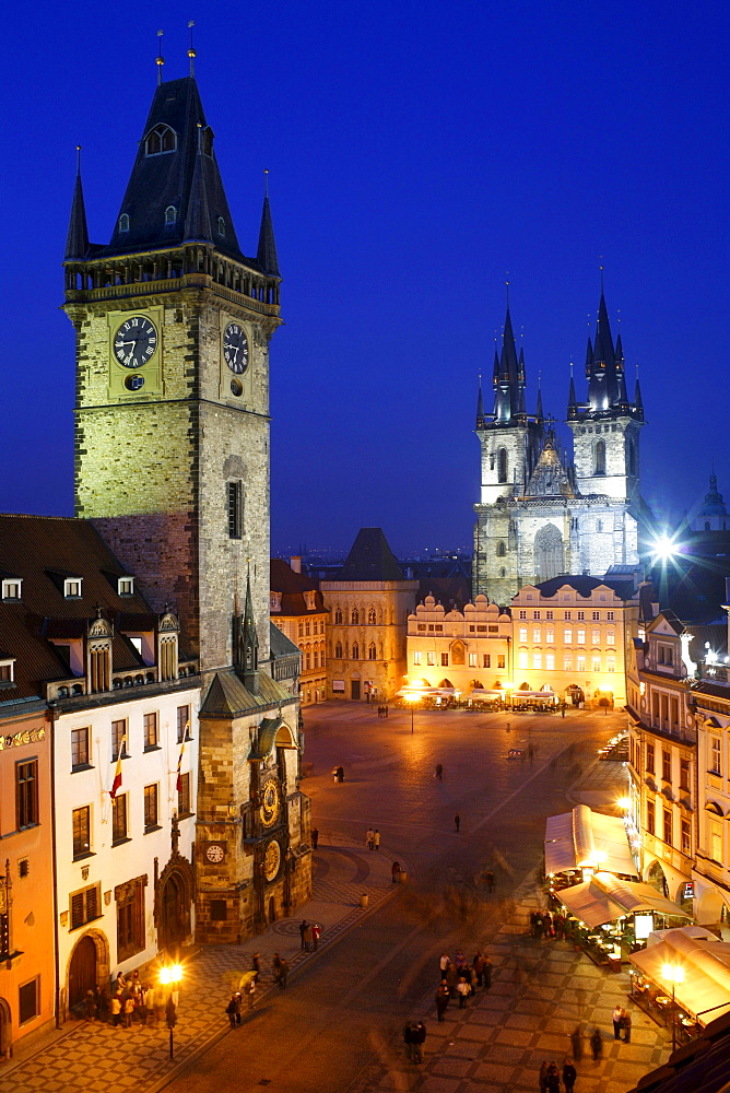 View of the old town square at night with Tyn church, Old Town Hall, Staromestske Namesti, Prague, Czech Republic