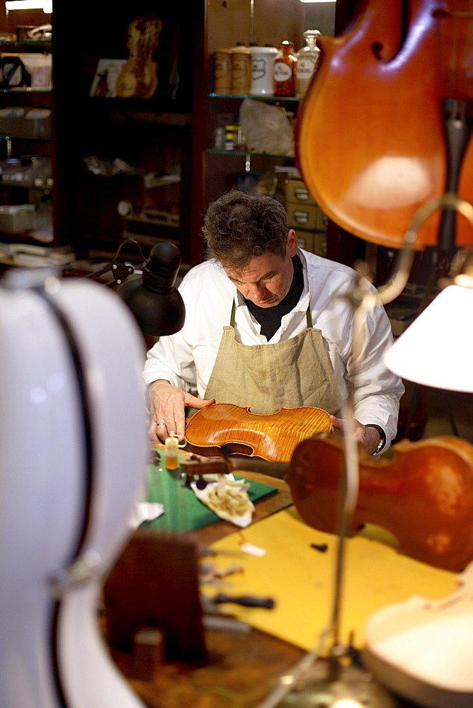 Man making a violin, Antique Violin repair shop, Old Town, Prague, Czech Republic