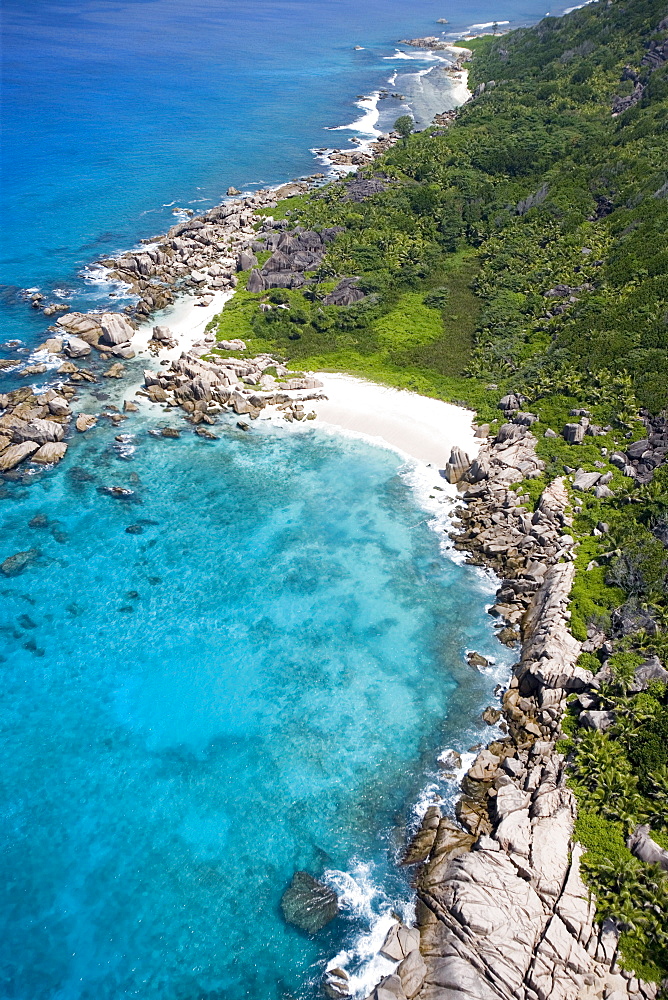 Aerial Photo of Granite Rocks & Beach near Pte. Turcey, La Digue Island, Seychelles