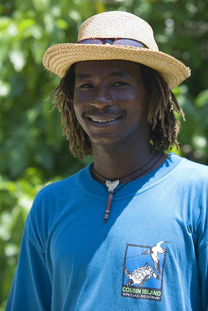 Cheerful Eco-Tourism Guide, Cousin Island Special Reserve, near Praslin Island, Seychelles