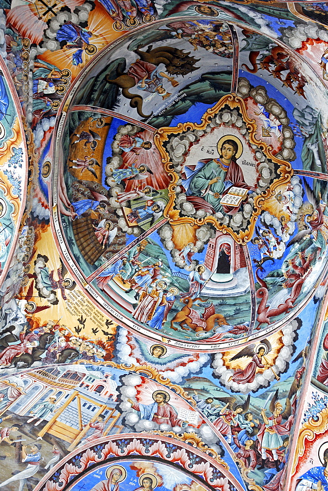 Study, detail of the religious paintings in the church of the Rila Monastery, Rila Mountains, Bulgaria, Europe