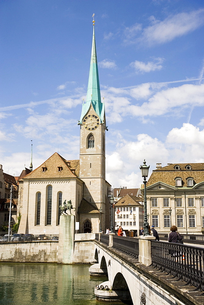 View over Muenster Bridge to Fraumuenster, Zurich, Canton Zurich, Switzerland