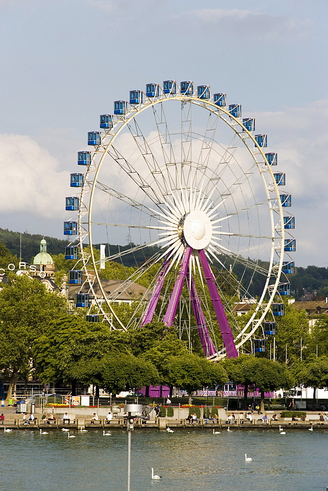 View over Lake Zurich to Ferris Wheel at Uto Quai, Zurich, Canton Zurich, Switzerland