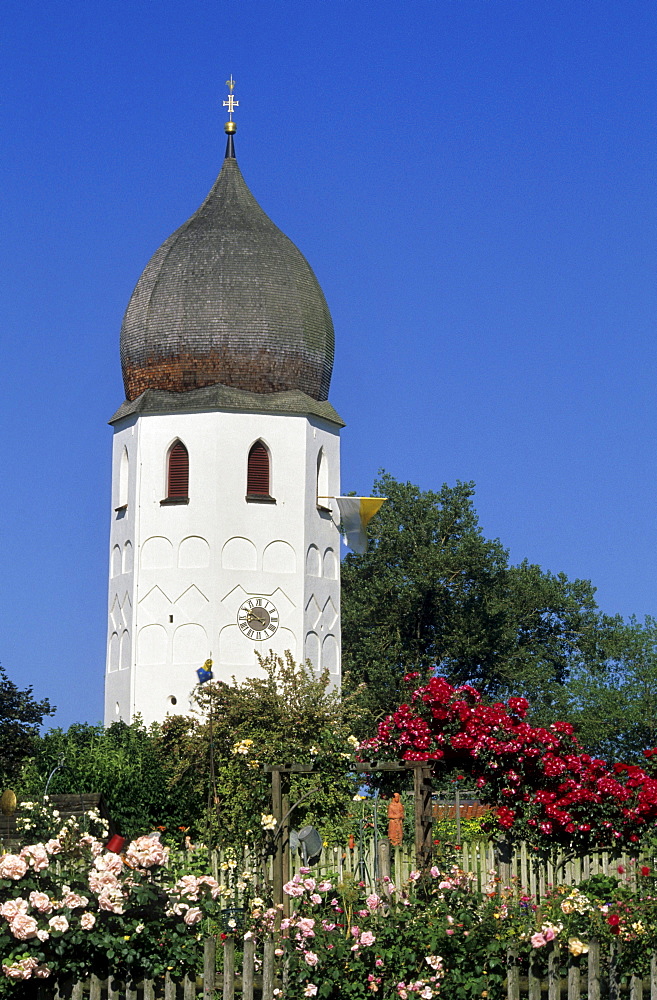 Clock tower of nunnery and nunnery garden with roses, island of Fraueninsel, Lake Chiemsee, Chiemgau, Upper Bavaria, Bavaria, Germany