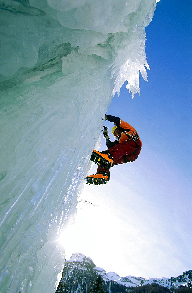 Man ice climbing, Sand in Taufers, South Tyrol, Italy, Europe