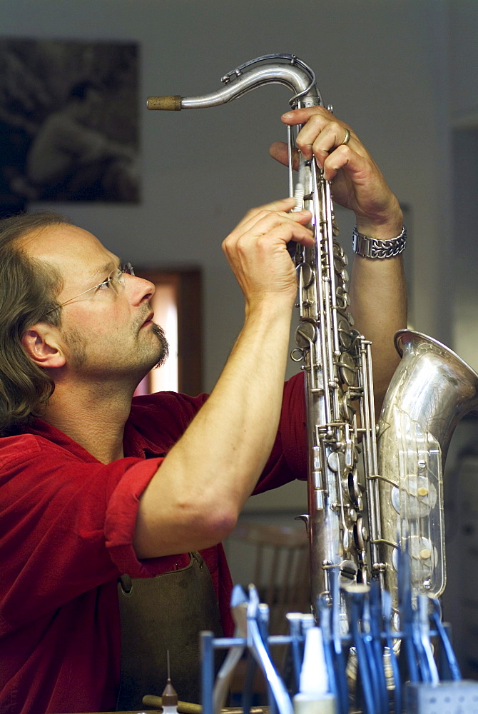 Backyard Repair Shop for Instruments, Schwabing, Munich, Bavaria, Germany, Saxophone, Music