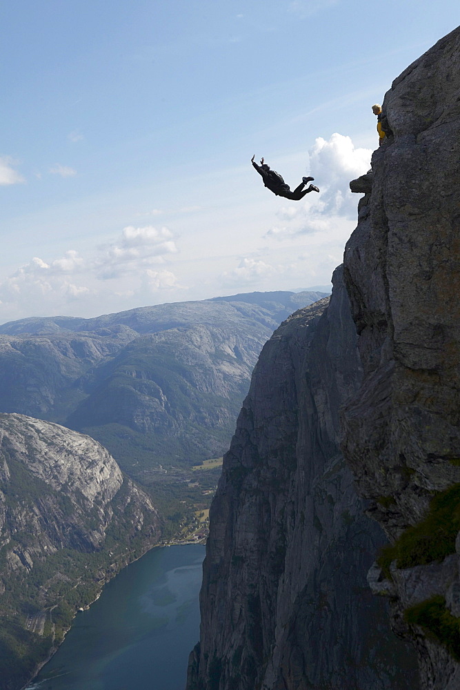 Man, Basejumper, Fjord, Lysebotn, Norway