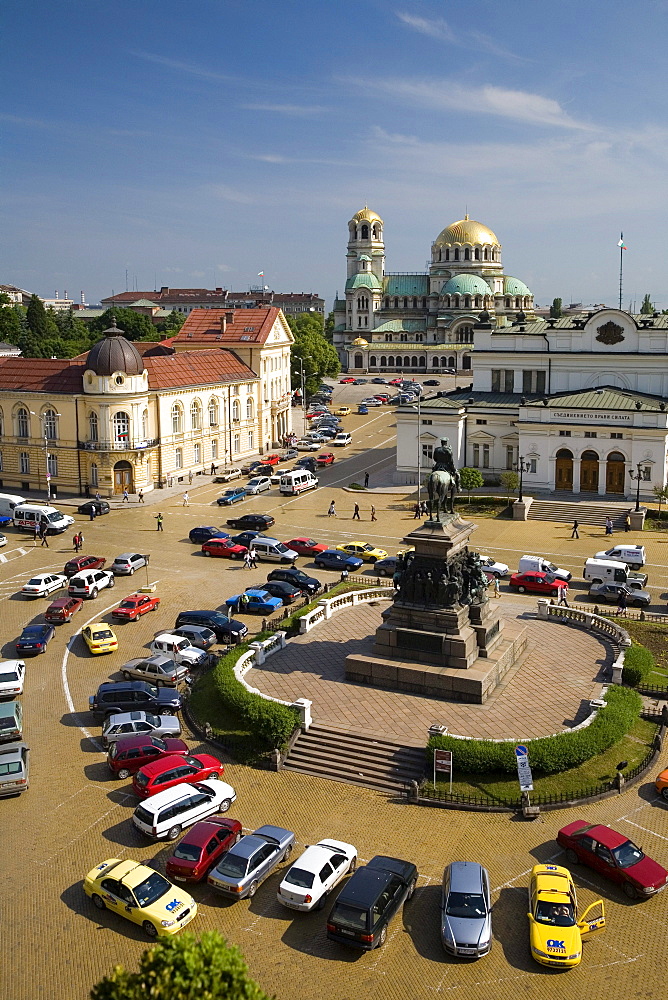 High angle view at Narodno Sabranie Square and Saint Alexander Nevski Cathedral, Sofia, Bulgaria, Europe