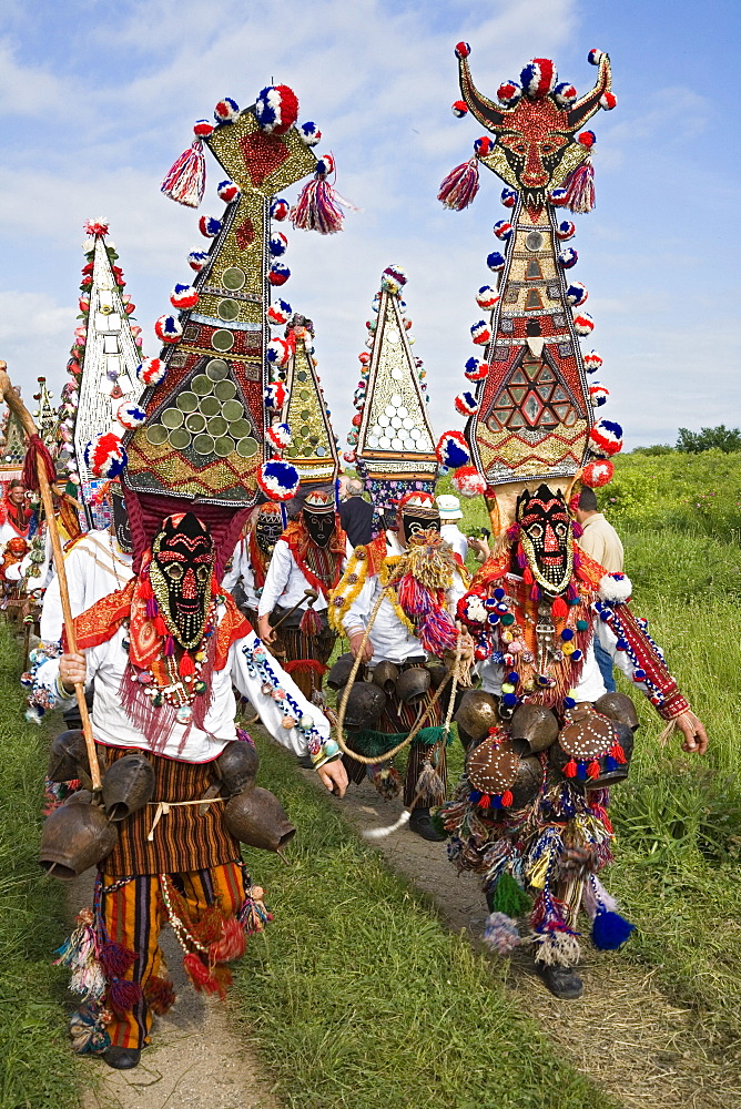 People in traditional costumes with masks, Rose Festival, men with masks, Karlovo, Bulgaria, Europe