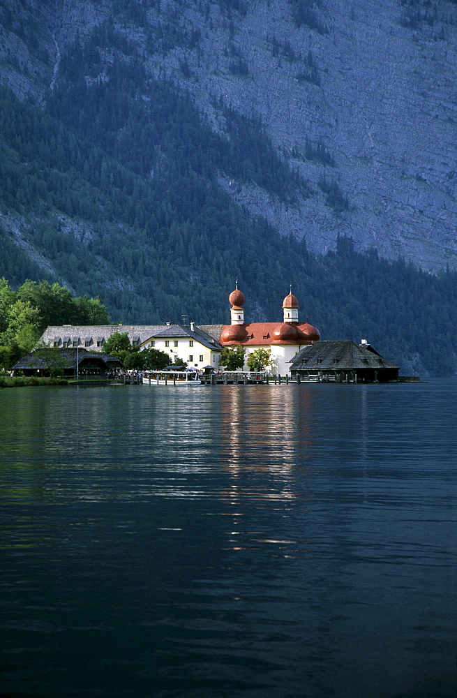 church of St. Bartholomae at lake Koenigssee, Berchtesgaden range, Upper Bavaria, Bavaria, Germany