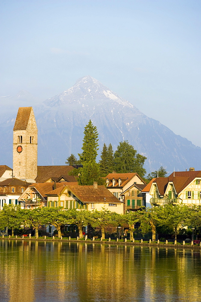 View over river Aare to Unterseen (the highest town on the Aare), Interlaken, Bernese Oberland (highlands), Canton of Bern, Switzerland