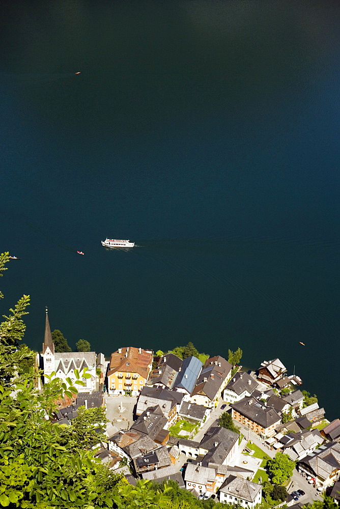 Aerial shot of Markt with Protestant Christ church, Hallstatt, Salzkammergut, Upper Austria, Austria