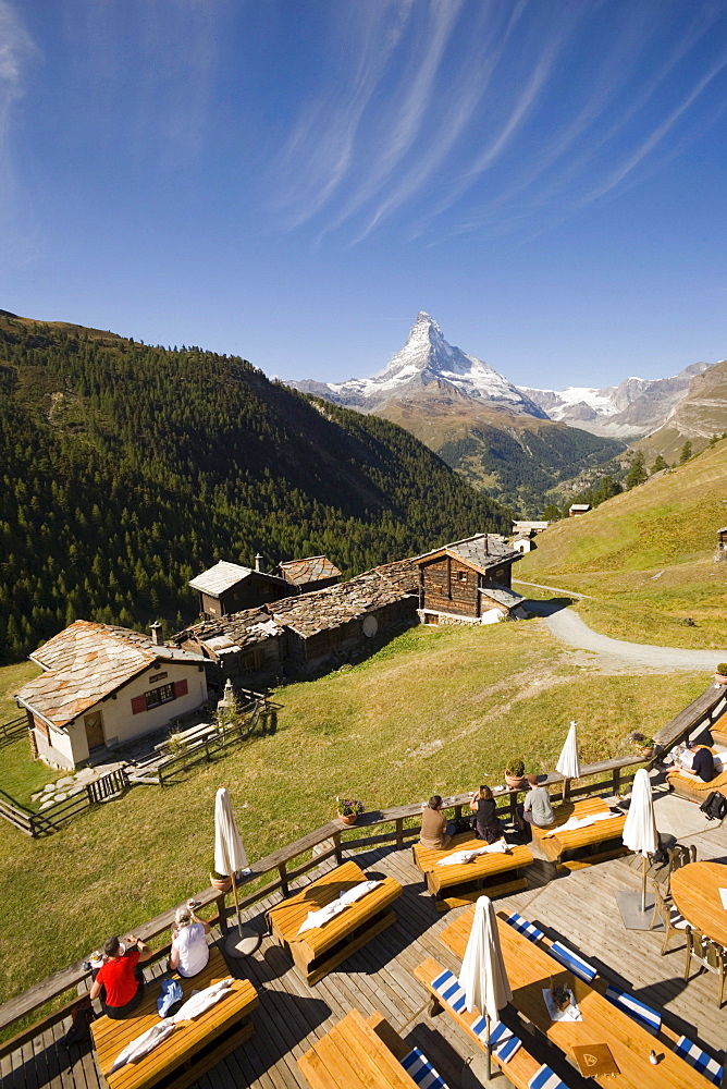 View over a terrace of a mountain restaurant ot the Matterhorn (4478 m), Findeln, Zermatt, Valais, Switzerland