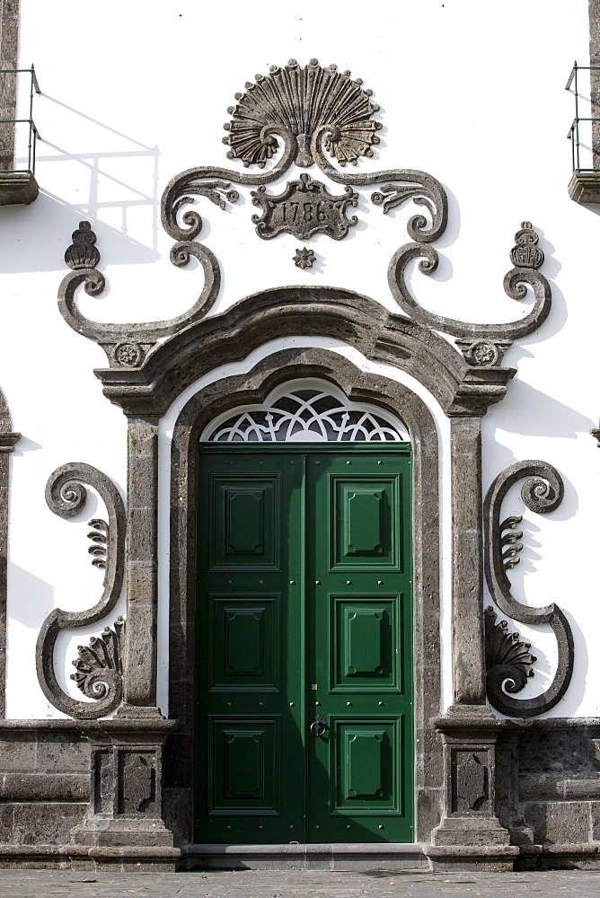 Main etntrance to Santa Casa da Misericordia church in Villa Franca do Campo, Azores, Portugal