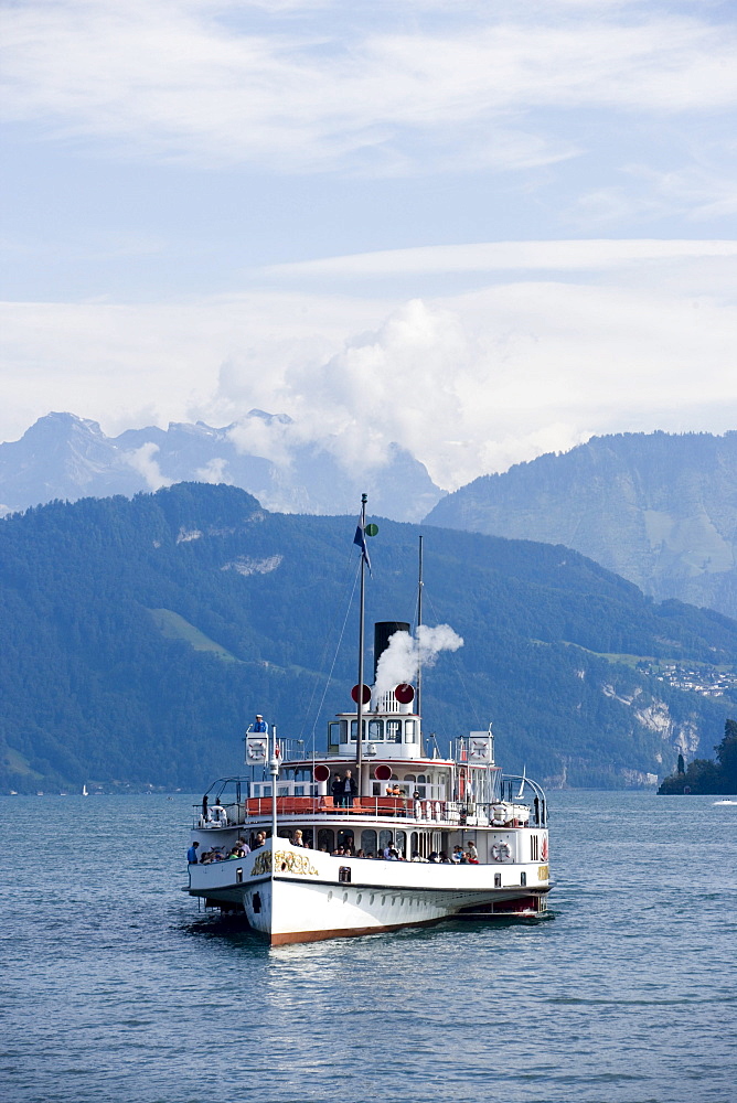 Paddle Wheel Steamer DS Unterwalden on Lake Lucerne, Canton of Lucerne, Switzerland