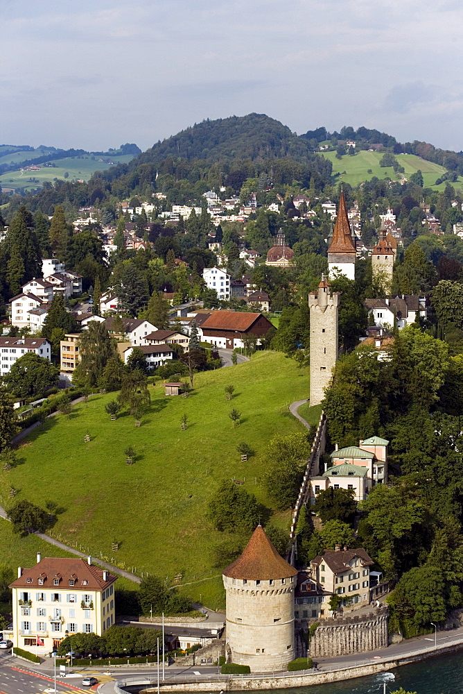 View on city wall with Maennliturm, Luegisland Tower and Wachturm (watch tower), Lucerne, Canton Lucerne, Switzerland