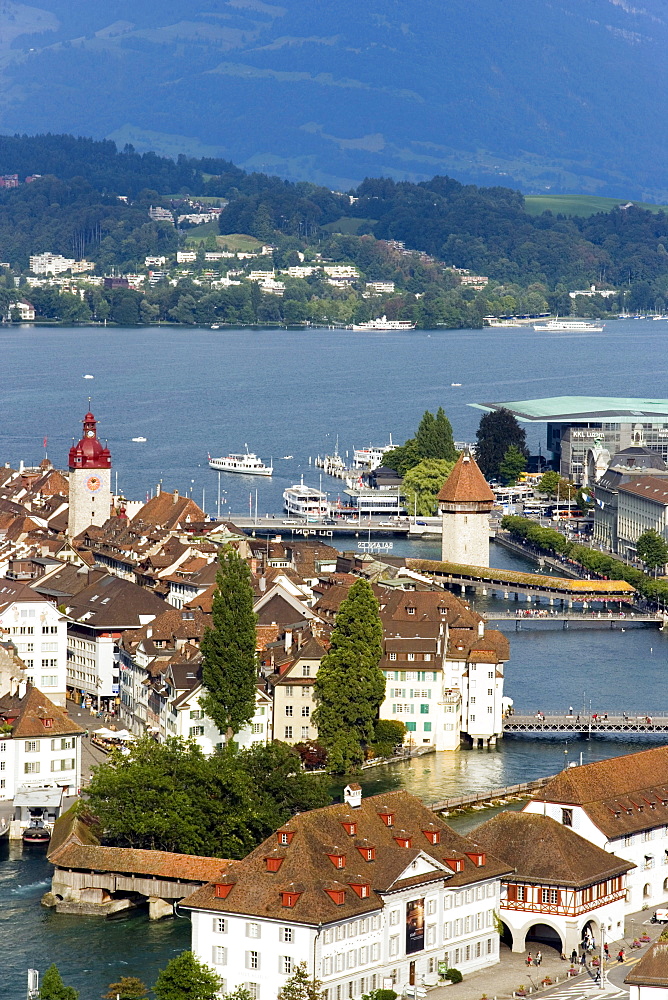 Aerial shot of river Reuss with Kapellbruecke (chapel bridge, oldest covered bridge of Europe) and Wasserturm, Lucerne, Canton Lucerne, Switzerland