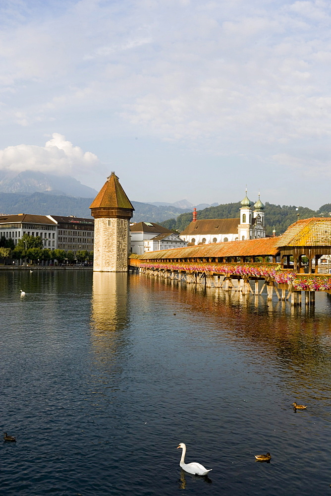 River Reuss with Kapellbruecke (chapel bridge, oldest covered bridge of Europe) and Wasserturm, Jesuit church, first large sacral baroque building in Switzerland, in background, Lucerne, Canton Lucerne, Switzerland