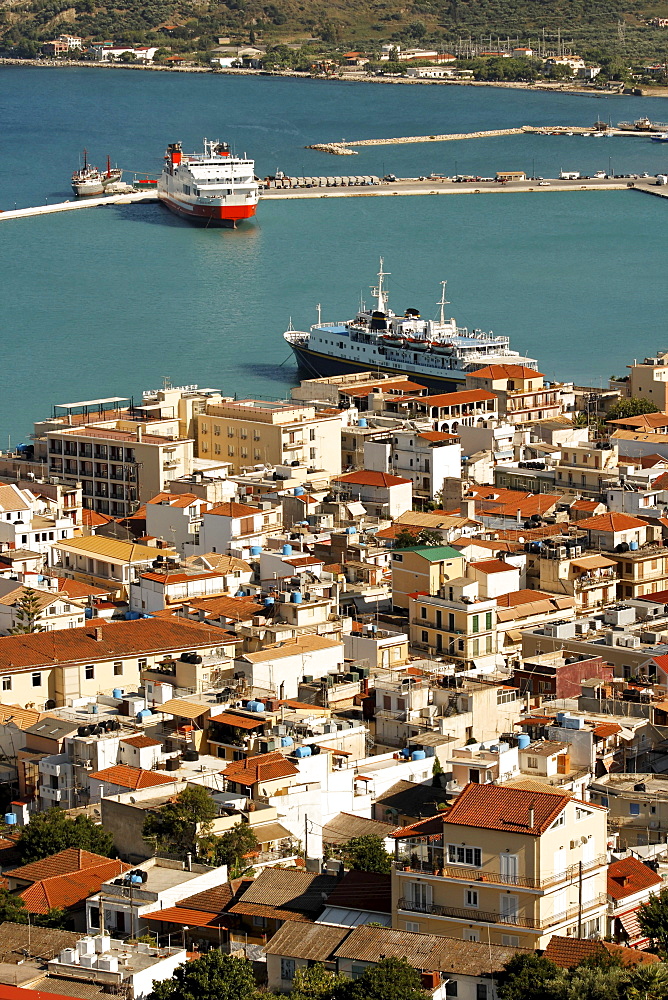 Greece Zakynthos town view from Strani hill, old city center, habour