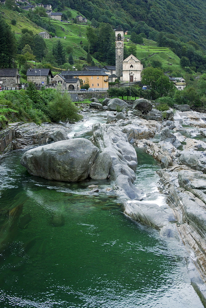 Verzasca with church of Lavertezzo, Ticino, Switzerland