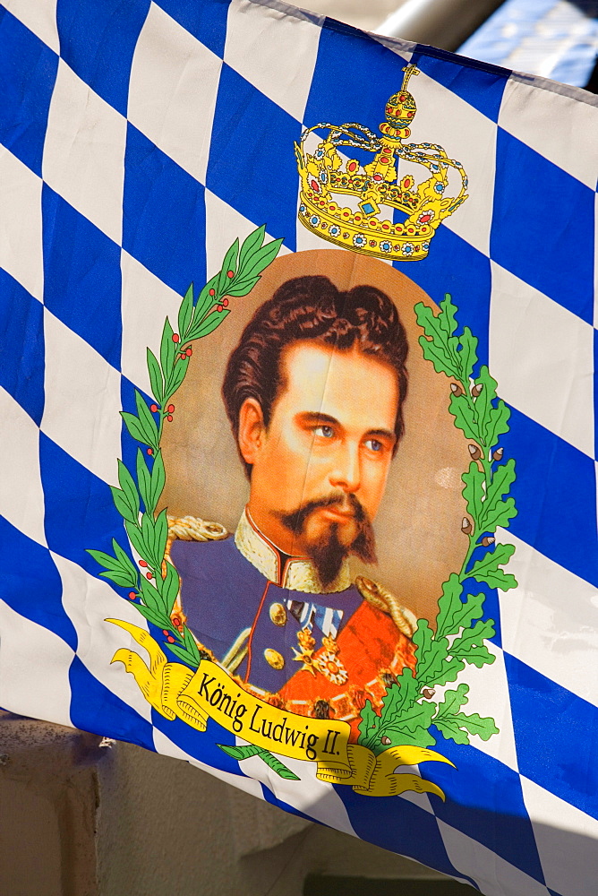 A King Ludwig II. flag, Partenkirchen, Garmisch-Partenkirchen, Upper Bavaria, Germany