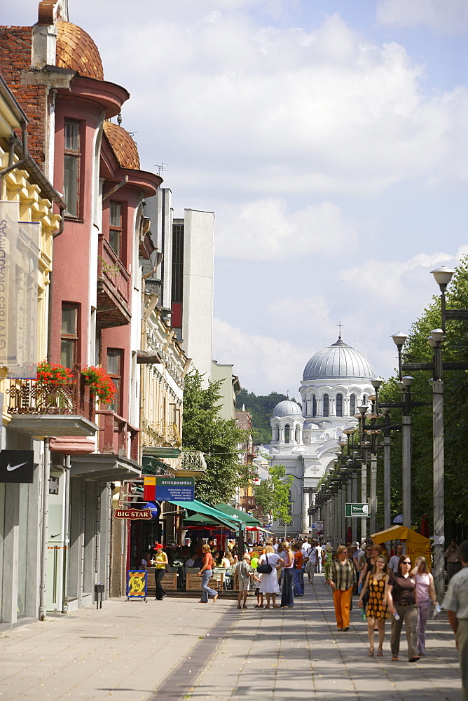 Laisves aleja (Liberty avenue) in Kaunas and the cupola of the church of St Michael the Archangel, Lithuania